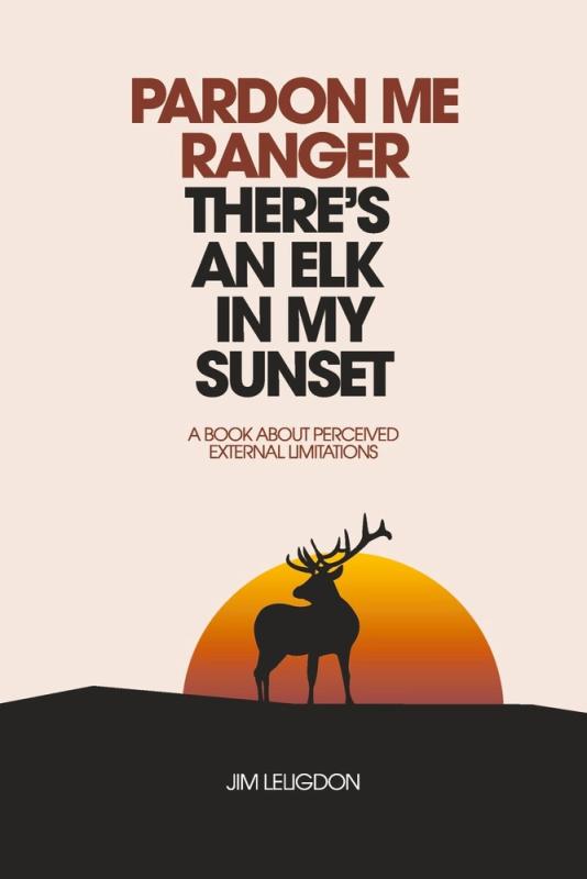 Elk in the sunset over a beige background with a dark foot