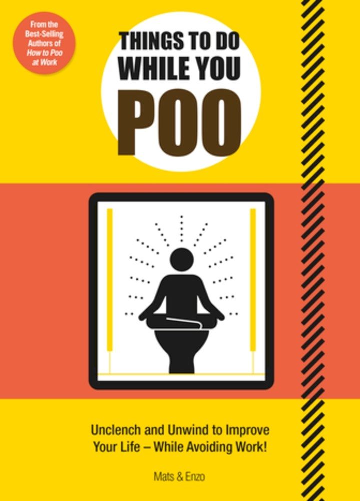black and white infographic half lotus person figure on the toilet, over yellow and red background.