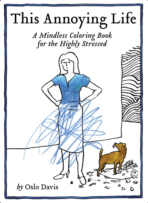 Drawing of a woman standing next to a dog with a chewed-up pillow. Her top is colored then turns into scribbles over her skirt.
