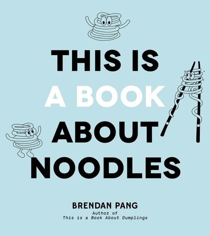 noodle characters and chopsticks over a light blue background