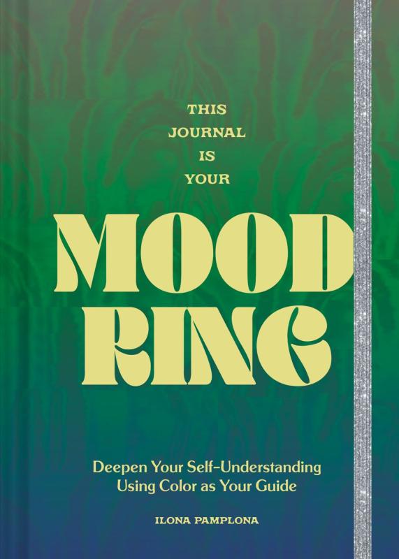 green blue gradient with gold lettering and an elastic band on the righthand side