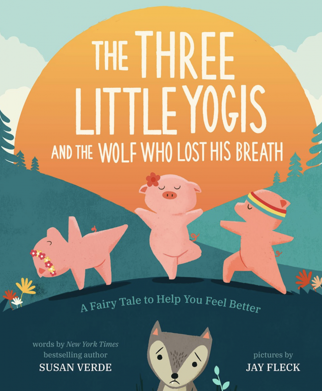 3 piglets doing yoga at sunset with a worried wolf in the foreground