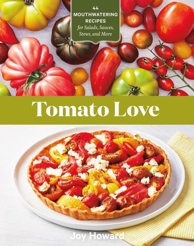two images--the top with a a bunch of different kinds of tomatoes, the bottom with a tart made with cheese and tomato