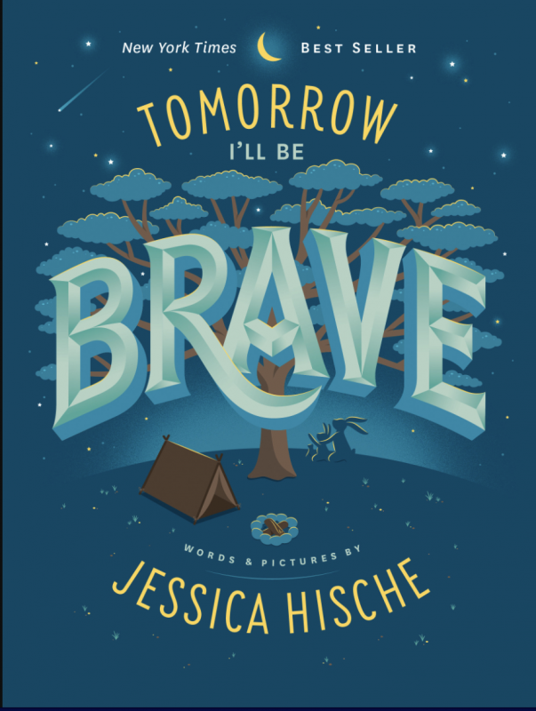 hand-lettered BRAVE sitting in the branches of an illustrated tree with a tent / camp scene below