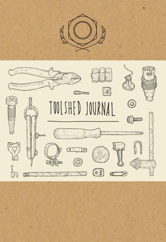 Beige banner with a symbol up above, containing tools and hardware in line art