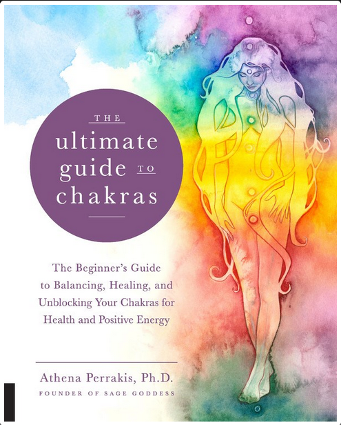White cover with rainbow watercolors and a drawing of a woman with the nine chakras down her body. Text is white and inside a purple circle.