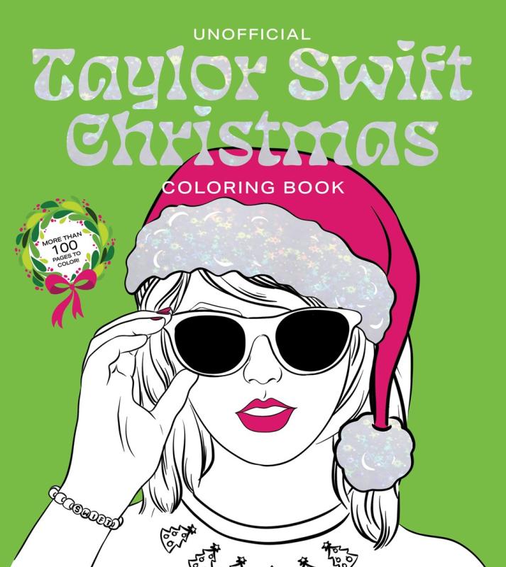 tswift in shades with a santa hat over a green background