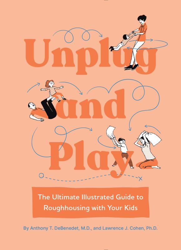 Peach background with arrows around darker peach colored text and boxes with three images of parents playing with their kids
