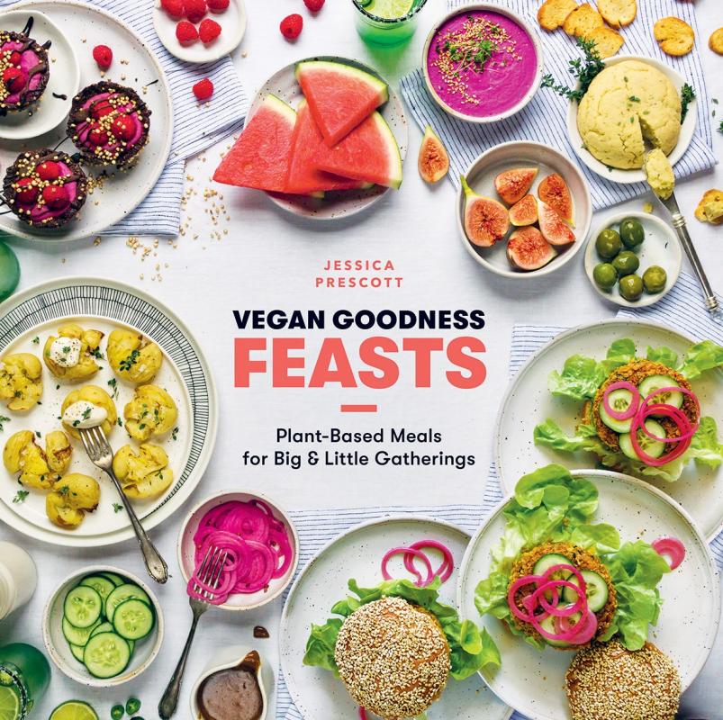 foods and platters with baked goods, veggies, and fruit, in a top-down view