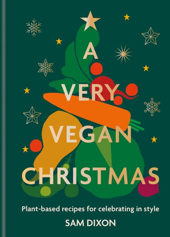 shapes in the forms of vegetables making a christmas tree, with a star at the top and snowflakes all around