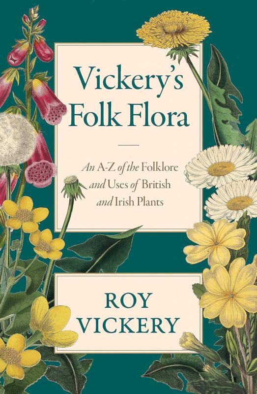 Flowers and foliage over dark green with beige boxes containing the info text