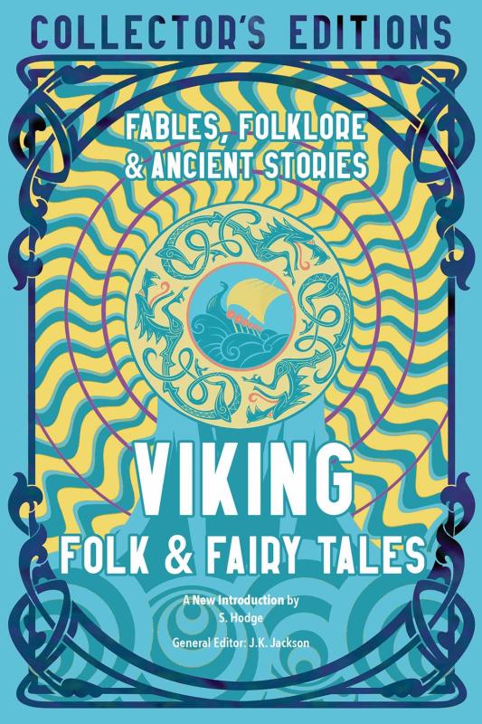 Blue and yellow cover with swirling Scandinavian motifs and the title in white.