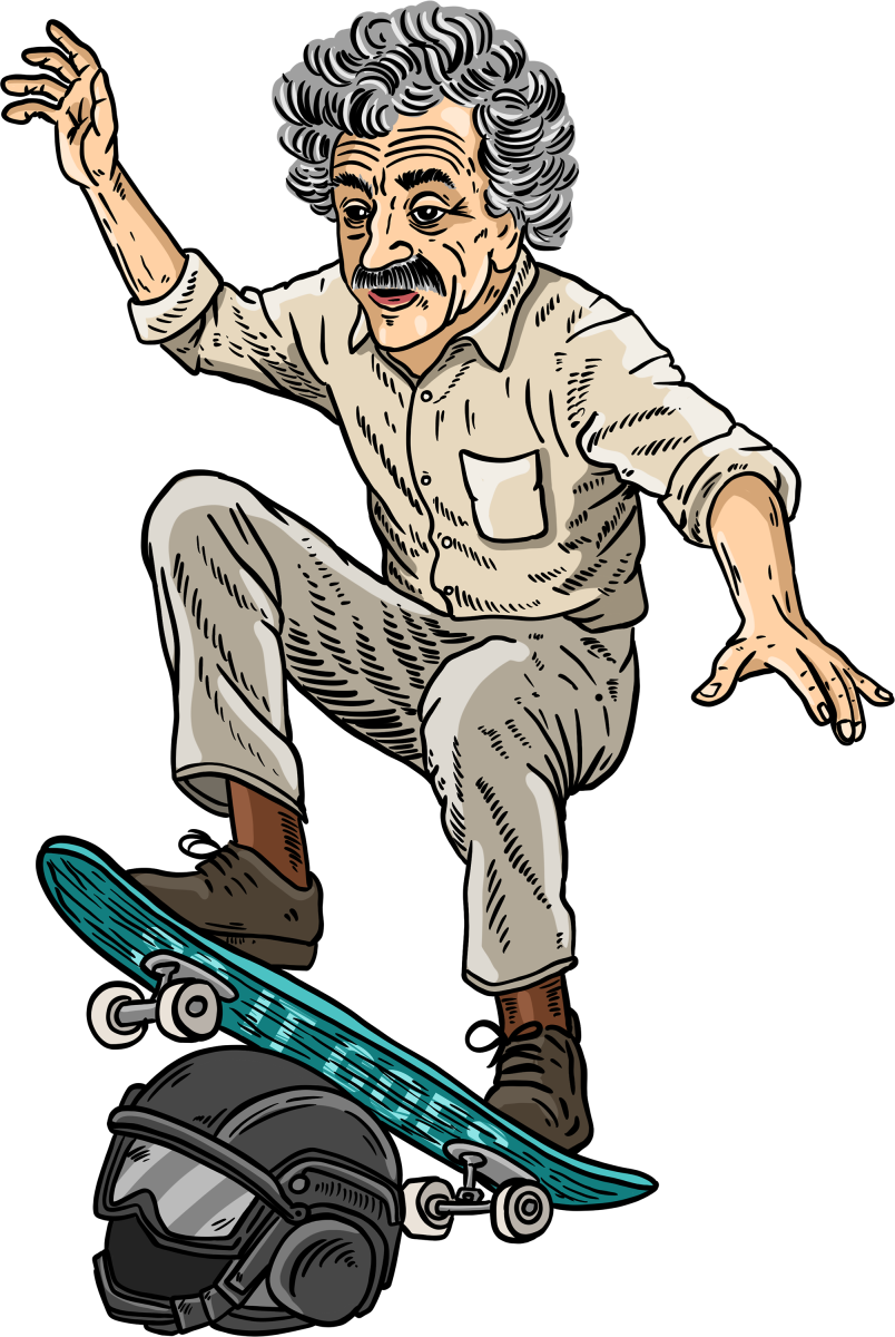 Illustrated sticker of Kurt Vonnegut riding a skateboard on a riot gear helmet.