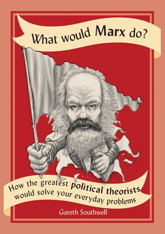 Red cover with image of Karl Marx carrying a banner