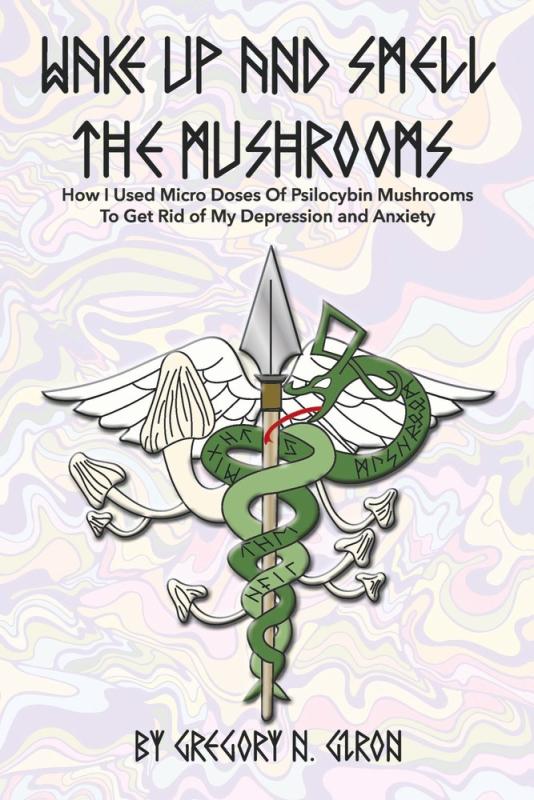 Caduceus with mushrooms shapes coming out of it over white