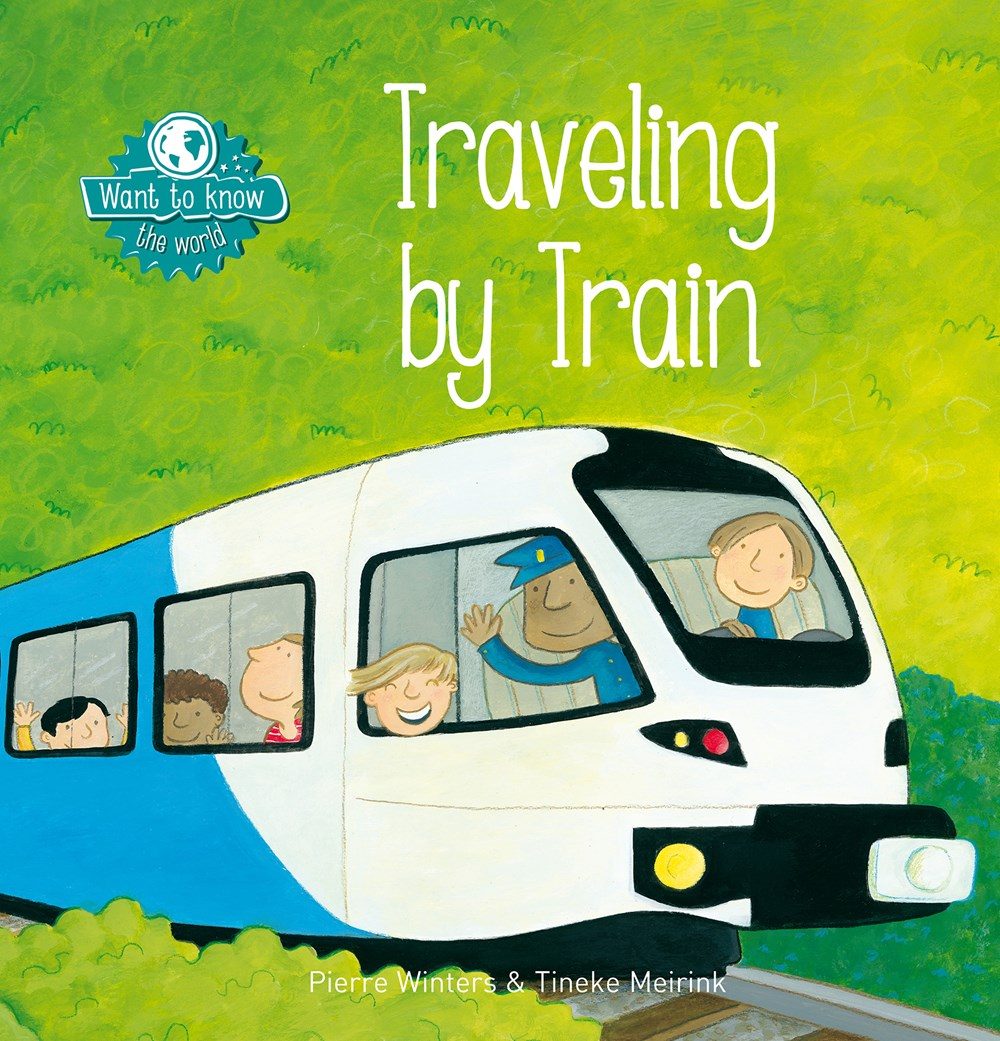 cartoon people traveling by train surrounded by greenery