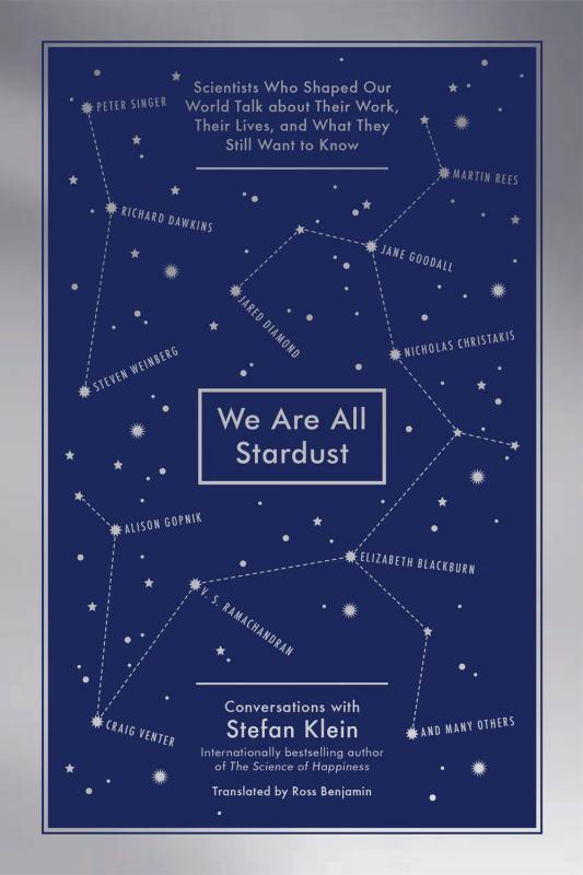Background is a dark blue dotted with stars, like the night sky. Some brighter stars are connected into constellations and each star is labeled with the name of a scientist featured in the book 