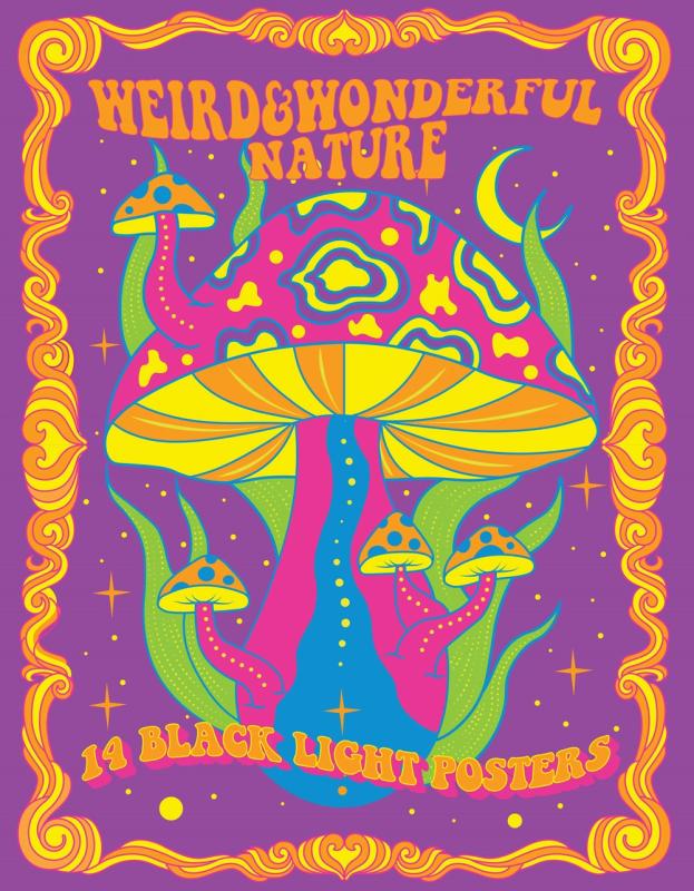 psychedelic mushroom with more mushrooms in a colorful scheme