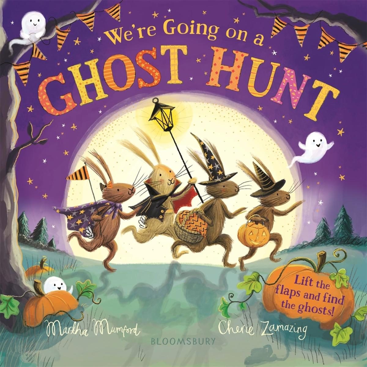 Four rabbits over the moon prancing going trick or treating, with ghosts and pumpkins about