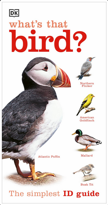 White cover with red text and photos of five different birds - the Atlantic puffin, northern flicker, American goldfinch, mallard duck, and bush tit.