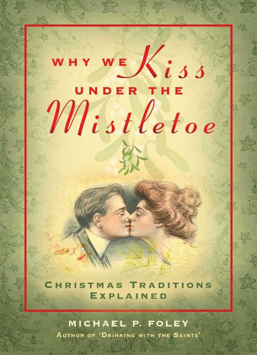 people kissing under the image of a mistletoe over green gradient background