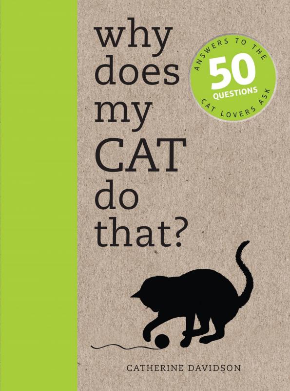 Beige textured cover with bright green vertical stripe on the left and a black silhouette of a cat playing with a ball of yarn