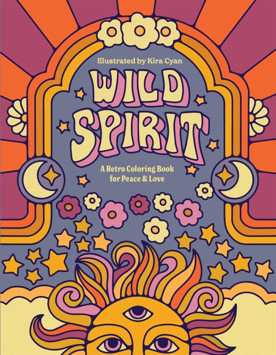 Groovy sun around flower and moon motifs with color flares, kinda Psychedelia