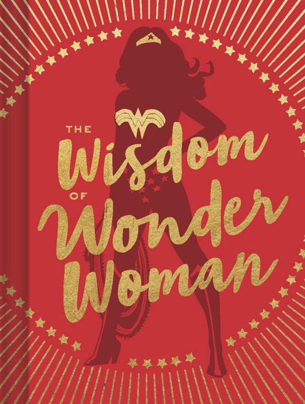 Burgundy silhouette of Wonder Woman with gold embellishments with a golden circle made of stars and line flares