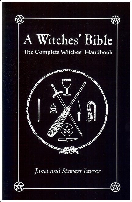 Black book with white text and small white drawings of a broomstick and wand within a circle outline.