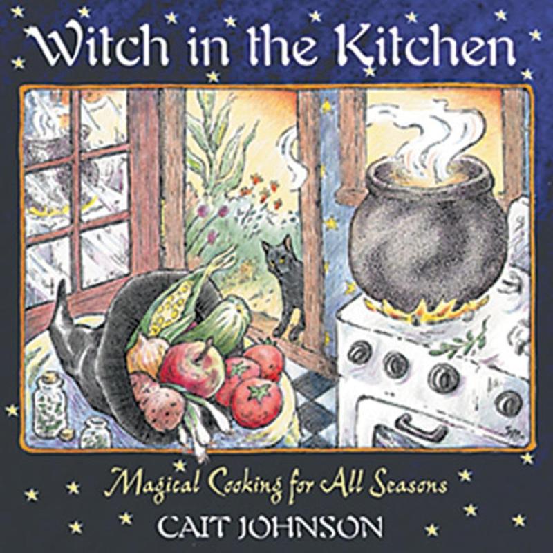 illustration of cat with hat full of produce with kettle on stove with white text