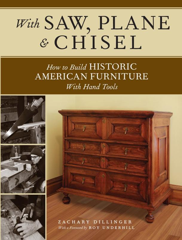 four photos, three in black and white of the woodworking process, the larger one on the right in color of a dresser