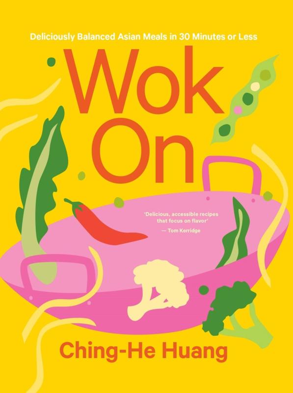 2D images of a wok surrounded by veggies over a bright yellow background