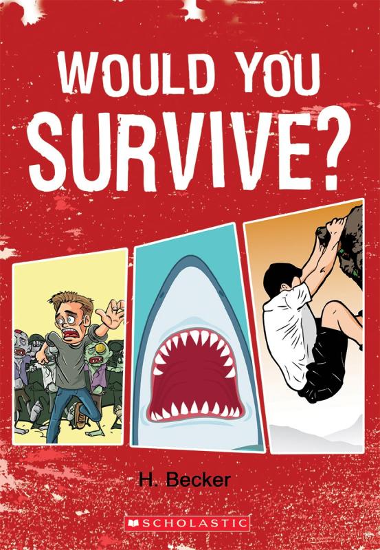three photos, from left to right; being chased by zombies, a shark mouth agape, and perching on a ledge over red