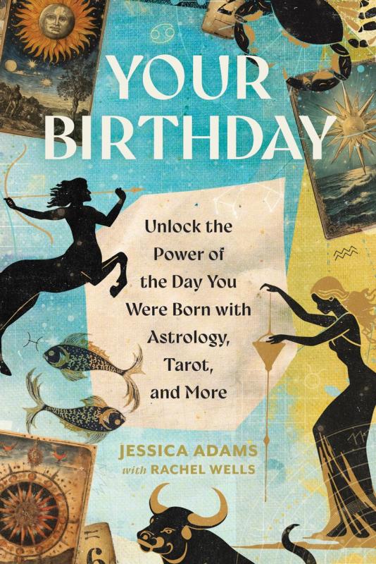 astrological symbols and tarot cards over a light blue starry background