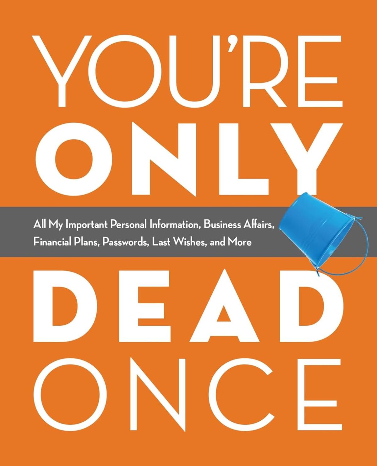 Tipped over blue bucket with a banner and an orange background with white text