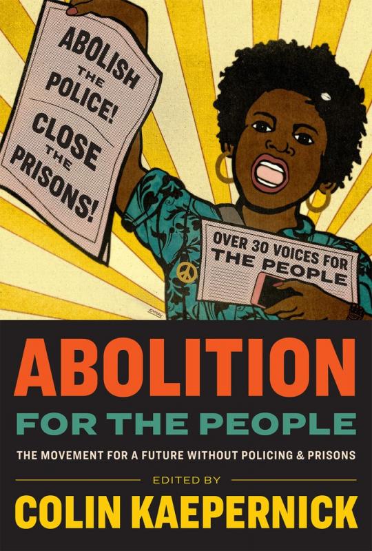 an illustration of a black woman holding a pamphlet that says 'abolish the police close the prisons'