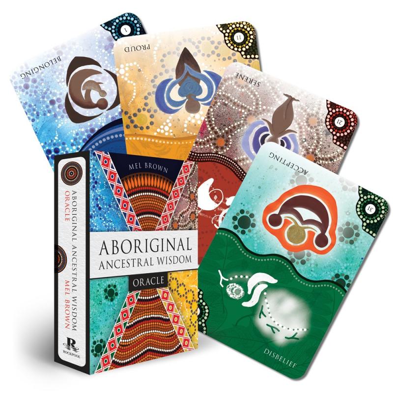 four cards and a deck box, with different emotions or adjectives on each card, including 'serene, 'disbelief', 'acceptance', 'proud', and 'belonging'