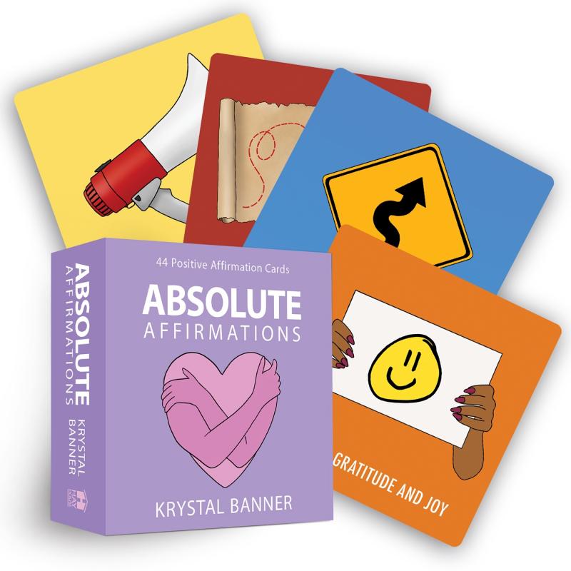 four cards and a deck box. the deck box depicts a heart made up of two arms hugging each other, and the cards depict a megaphone, a 'curves ahead' road sign, a piece of paper with a squiggly dotted line on it, and a piece of paper with a smiley face 
