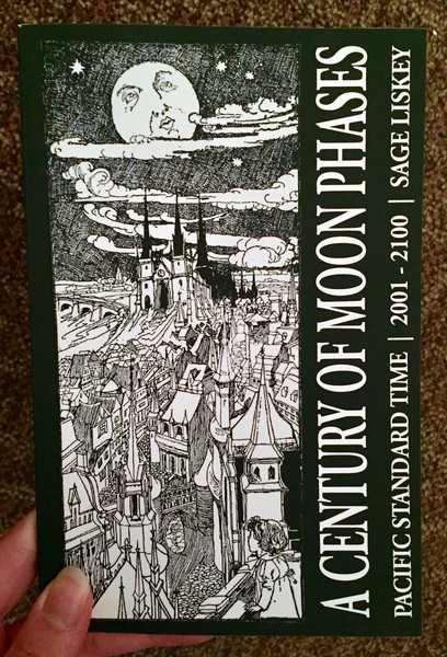 Cover of A Century of Moon Phases which has a black and white drawing of the moon overlooking a cityscape 