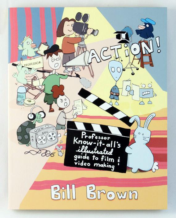 A colorful book cover with illustrations of cartoon people and animals making a film