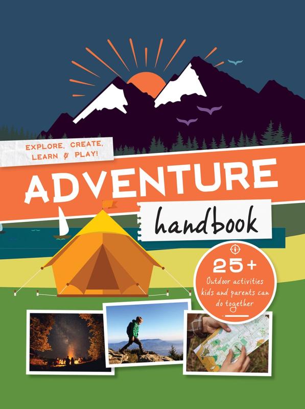 illustrations of a tent and a mountain, along with three photos of people camping, hiking, and looking at a map
