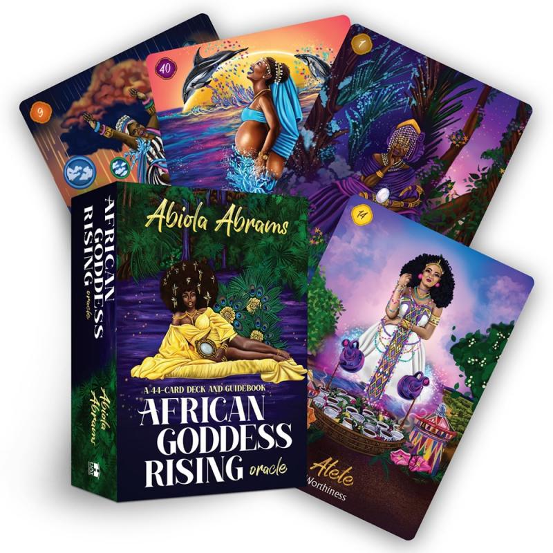 a deck box with a woman in a yellow dress laying on her side in front of a rainforest, and four cards depicting women in various costumes and contexts