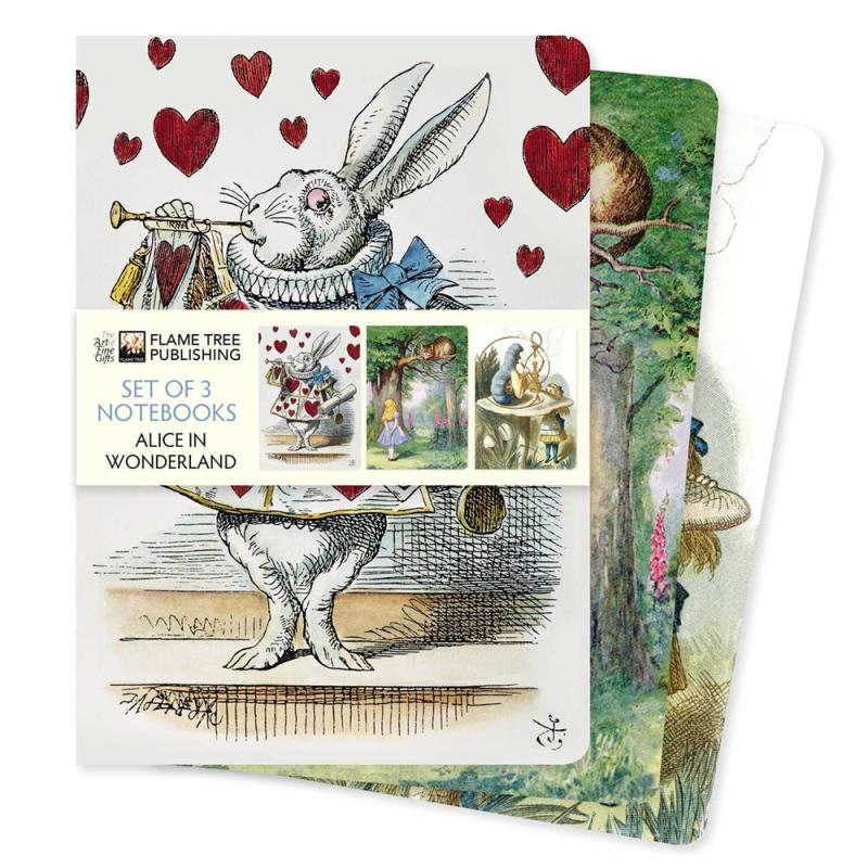 Photograph of three stacked notebooks featuring Alice in Wonderland illustrations.