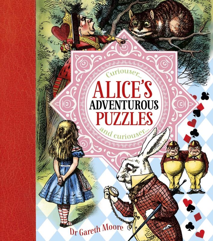 illustration of alice in wonderland with red spine and pink text