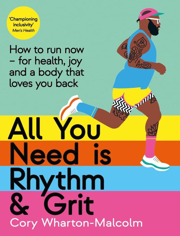 rainbow striped cover with illustration of person running