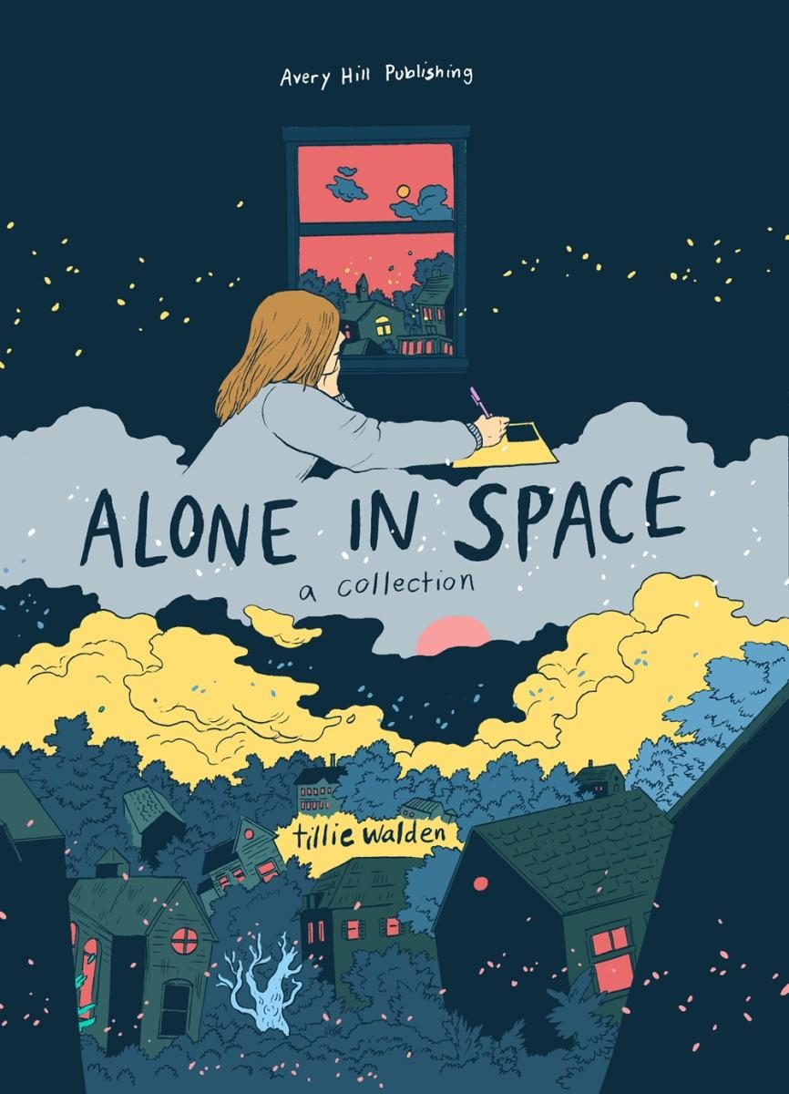 navy blue cover with blue text with illustration of a person writing in a window