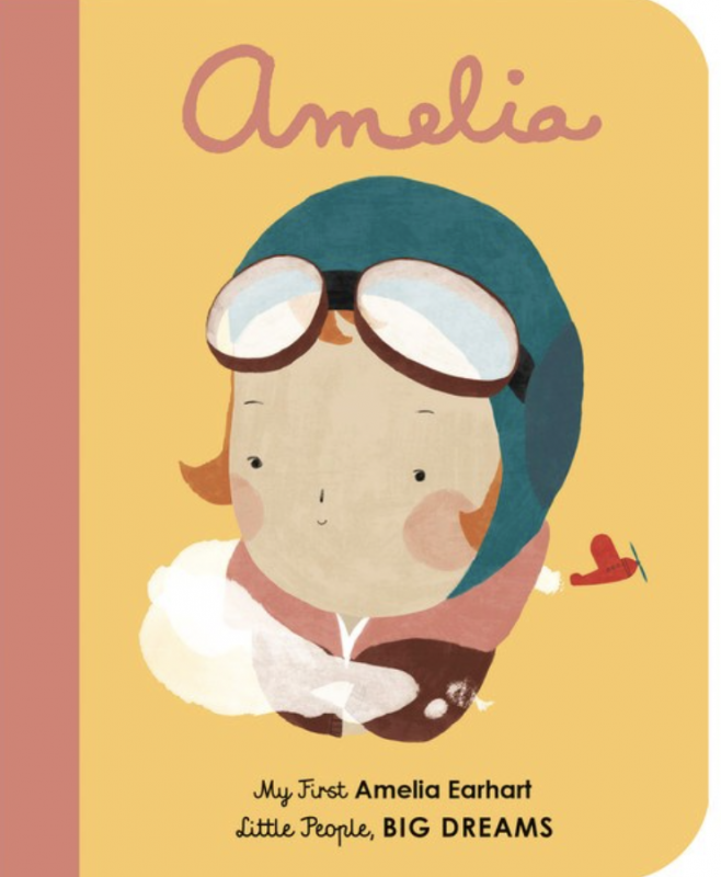 a cartoon of amelia with a green cap and goggles a tiny plane behind her an clouds around her