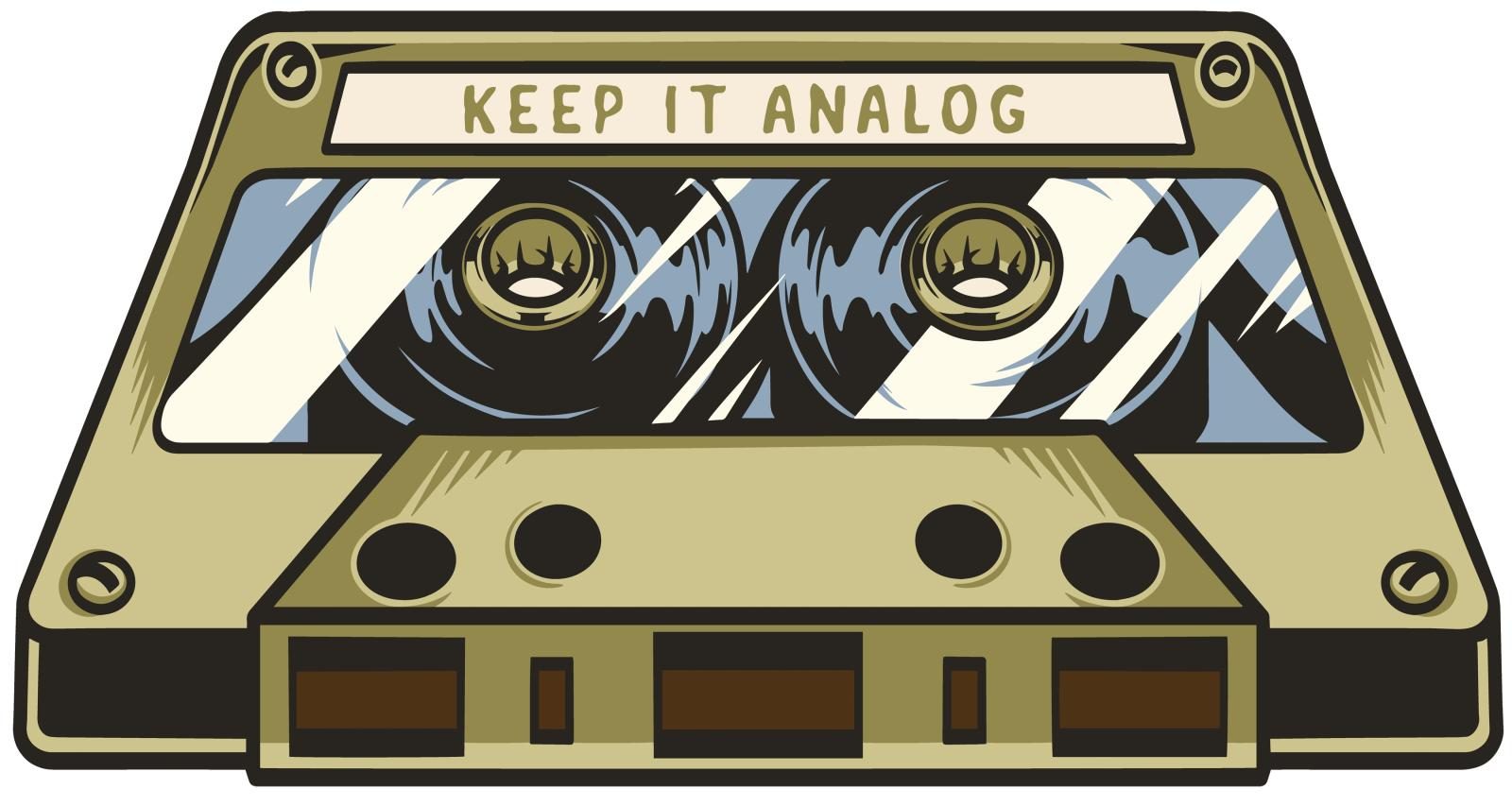 Illustration of a green cassette tape with "keep it analog" in text across its surface. 