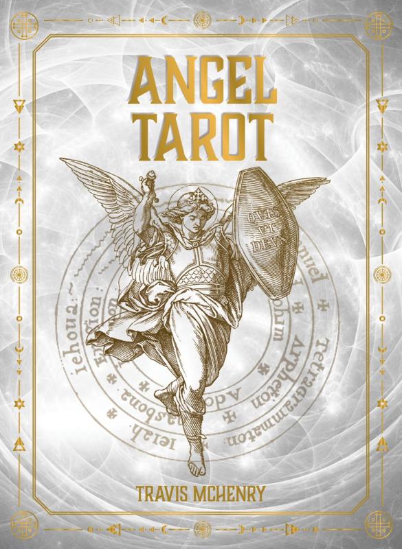 illustration of angel with white cover and gold text