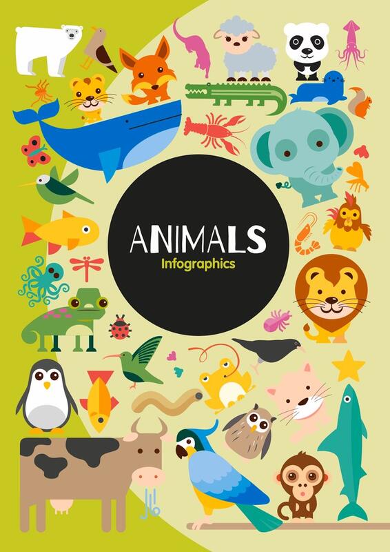 cartoon-like illustrations of animals such as cow, shark, monkey, whale, lion, and more.